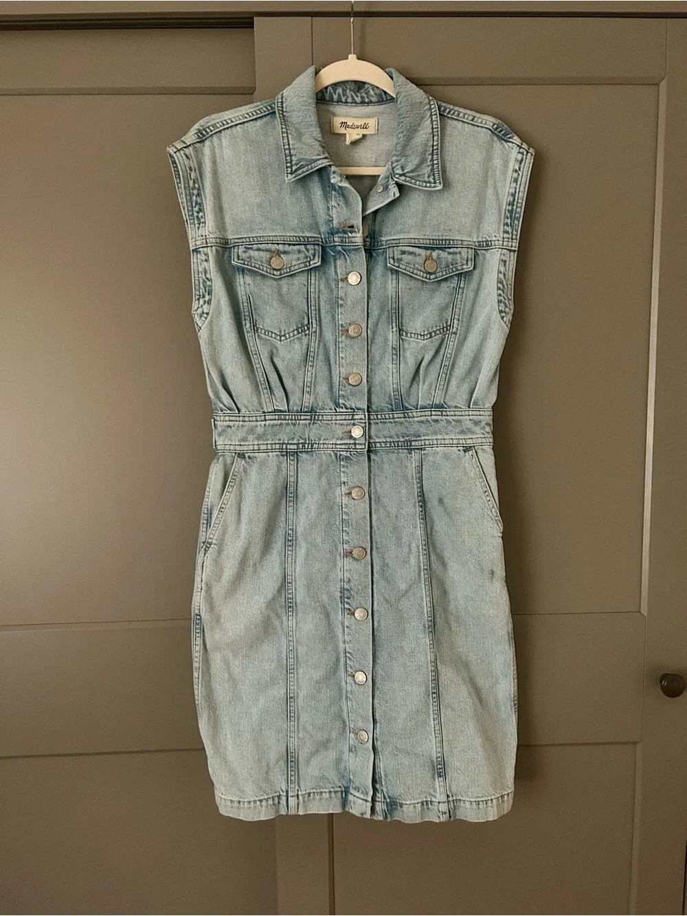 Madewell Light Wash Denim Sleeveless Button-Down Mini Dress